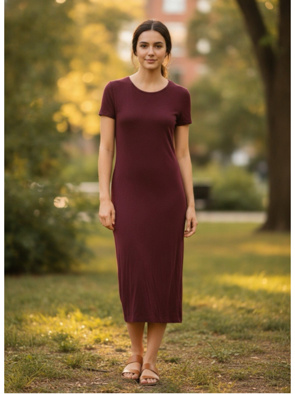 Cremieux Short-Sleeve Lined Knit Bodycon Midi Dress Burgundy Small Timeless